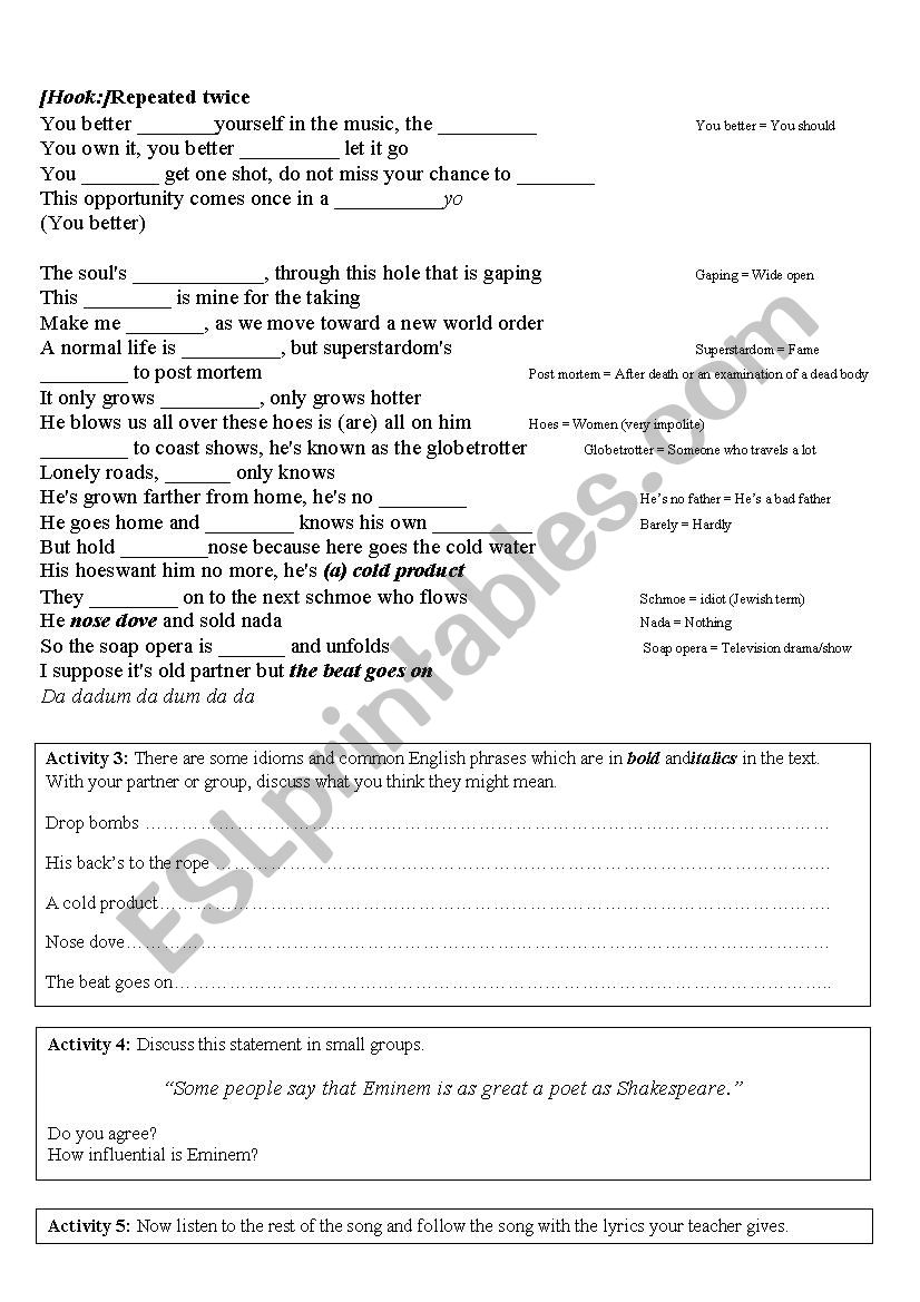 Song Worksheet Lose Yourself By Eminem Esl Worksheet By Darjaap