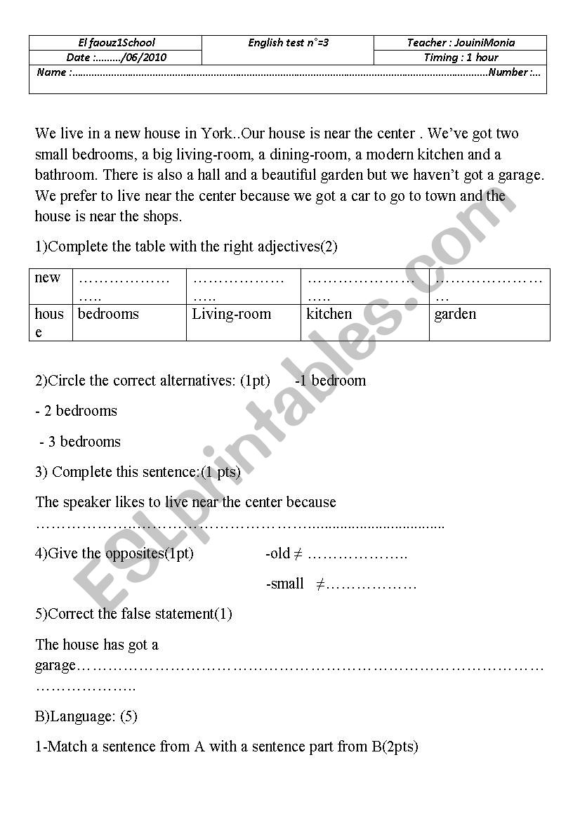 primary school test n3 worksheet