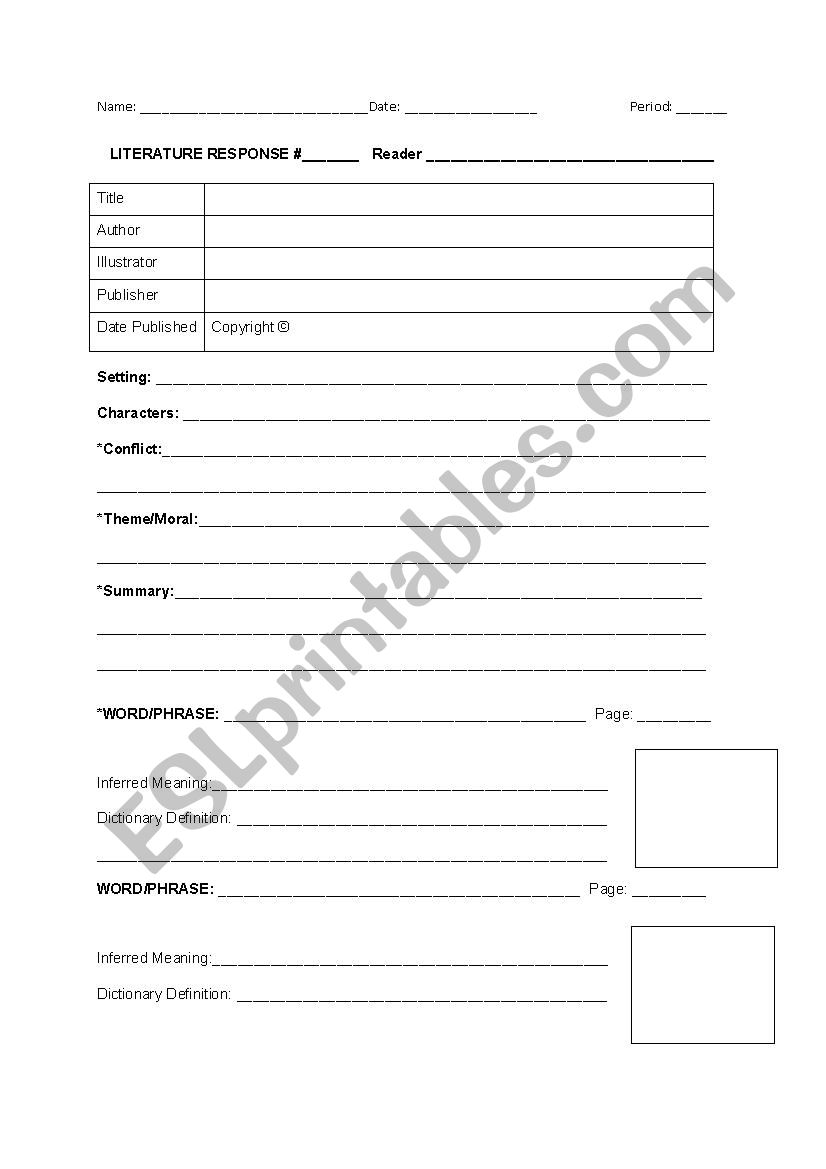 Literature Response worksheet