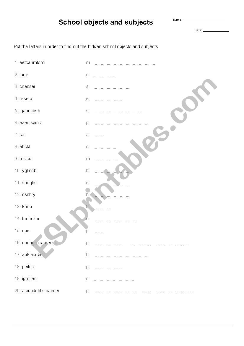 School subjects and objects worksheet