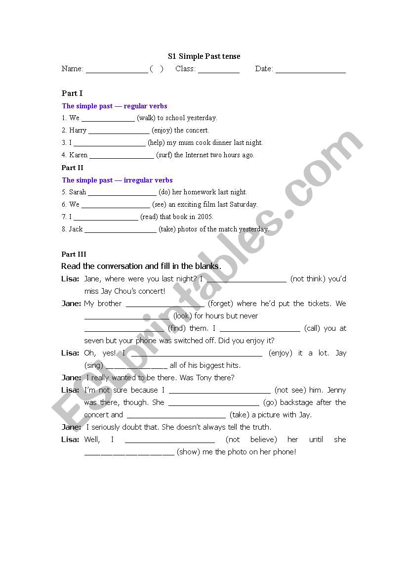 Past Tense worksheet