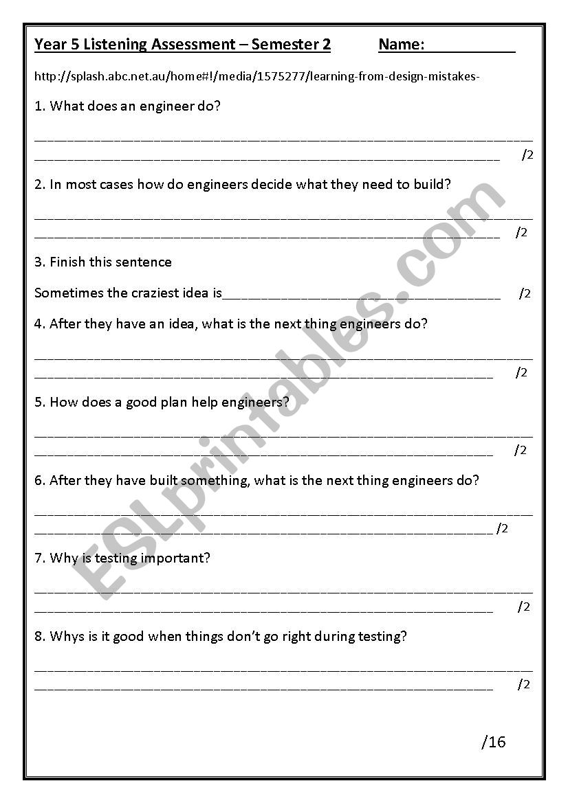 Year 5 Listening Assessment worksheet