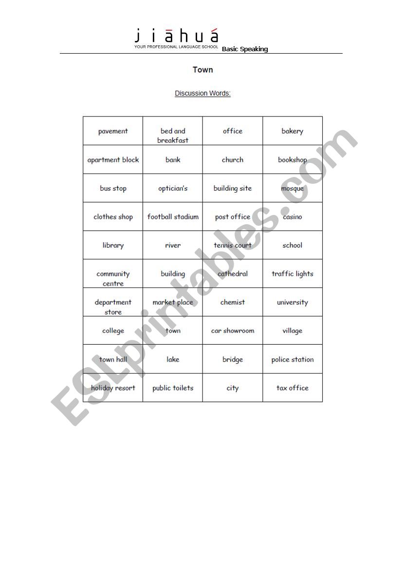 town vocabulary worksheet