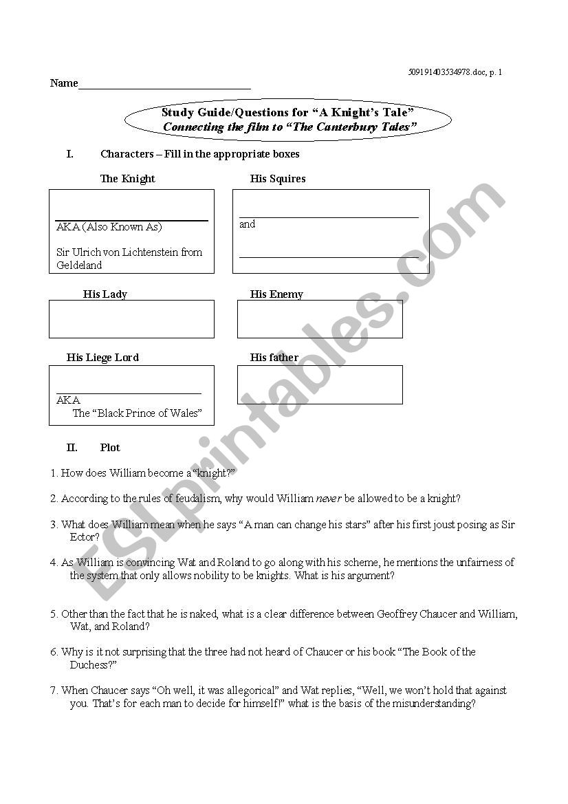 Knights Tale Movie Sheet worksheet