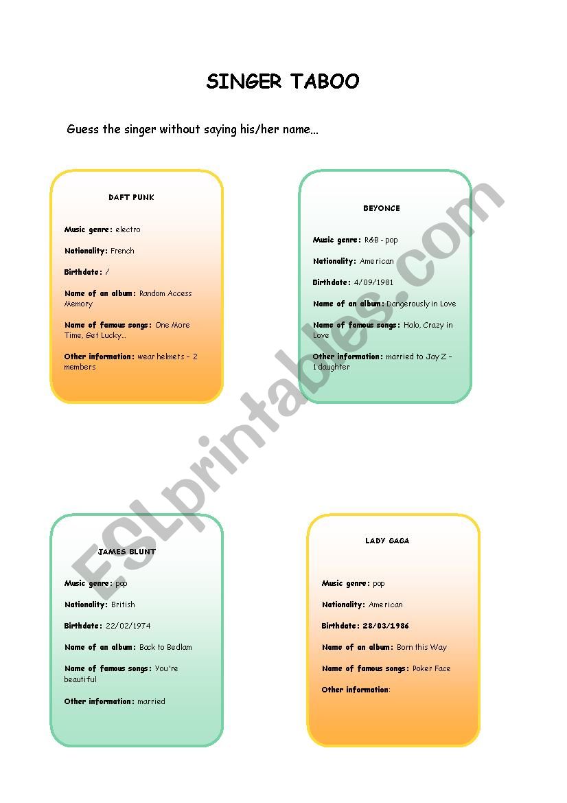 Guess the singer worksheet