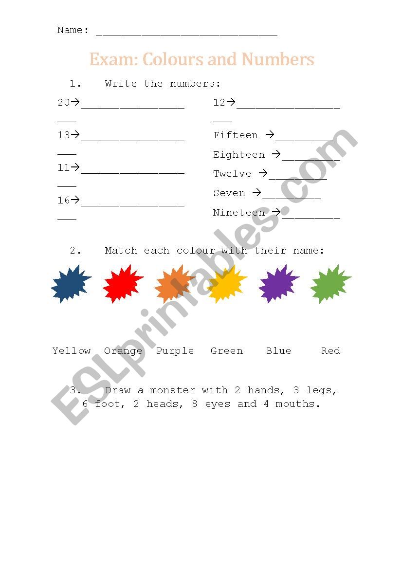 Exam Colours and numbers worksheet