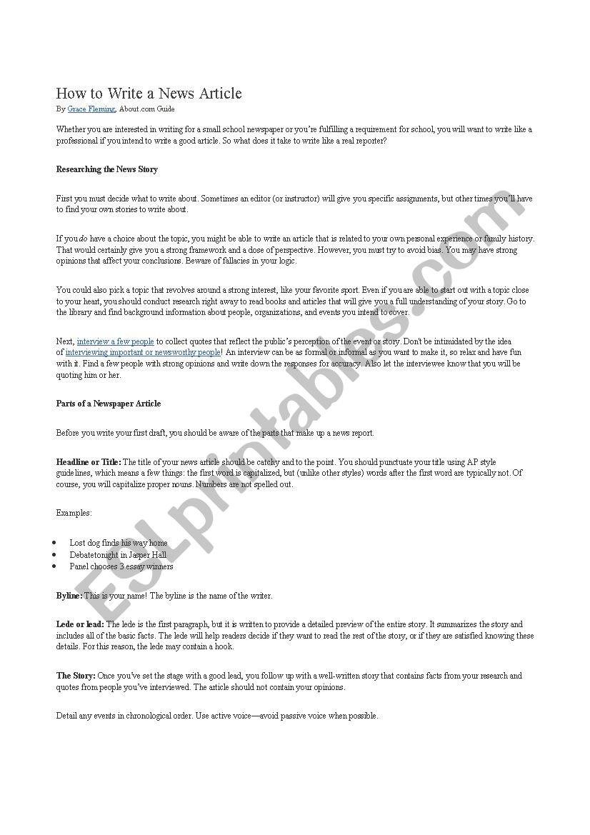 How to write a news article worksheet