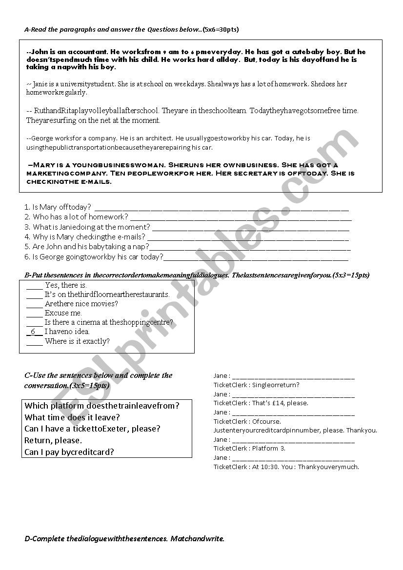 a sample exam worksheet