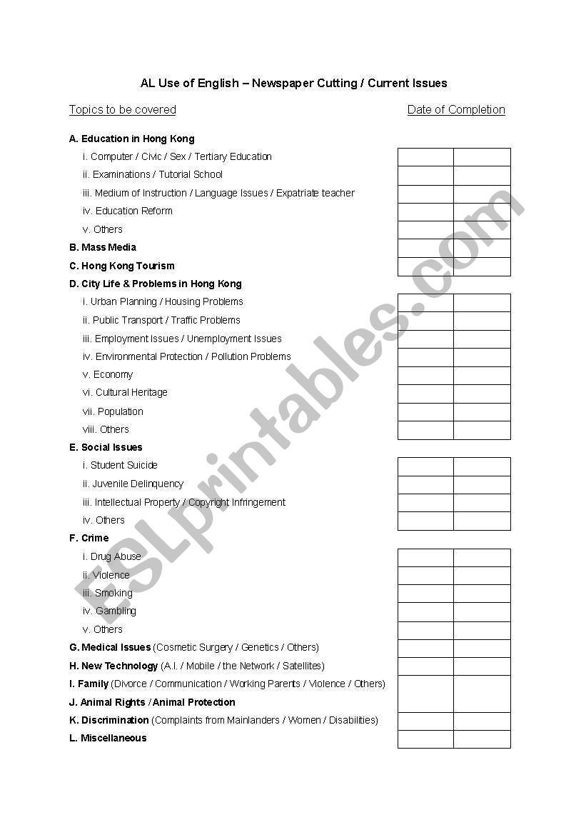 Newspaper Cutting File worksheet