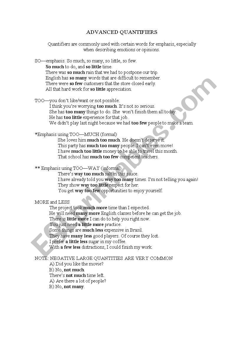 Quantifiers and more worksheet