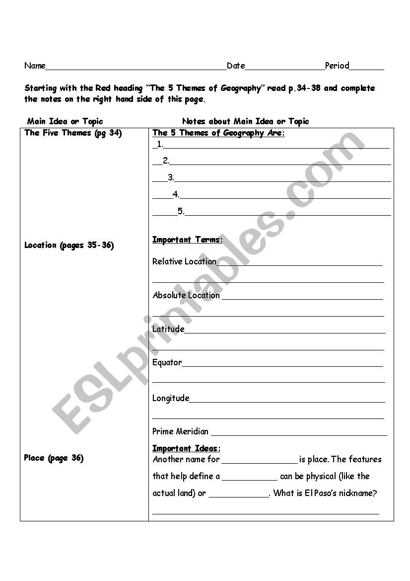25 Themes of Geography Notes - ESL worksheet by natalie.hawks For 5 Themes Of Geography Worksheet