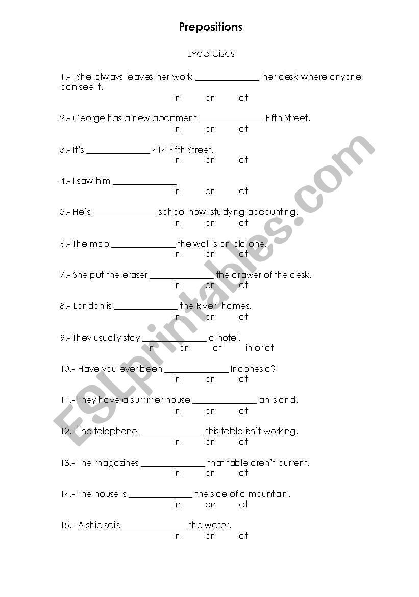 Prepositions worksheet