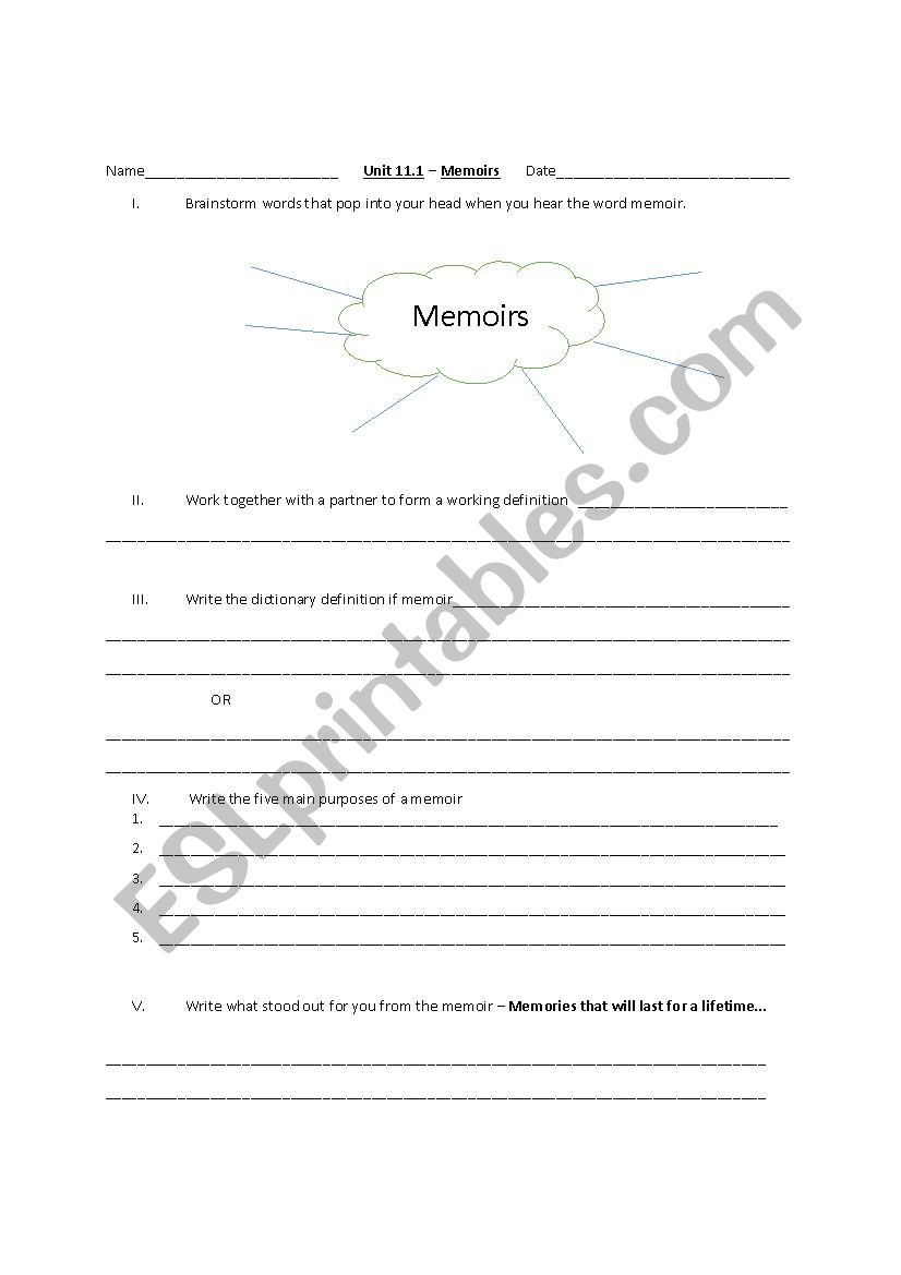 Introduction to memoirs  worksheet