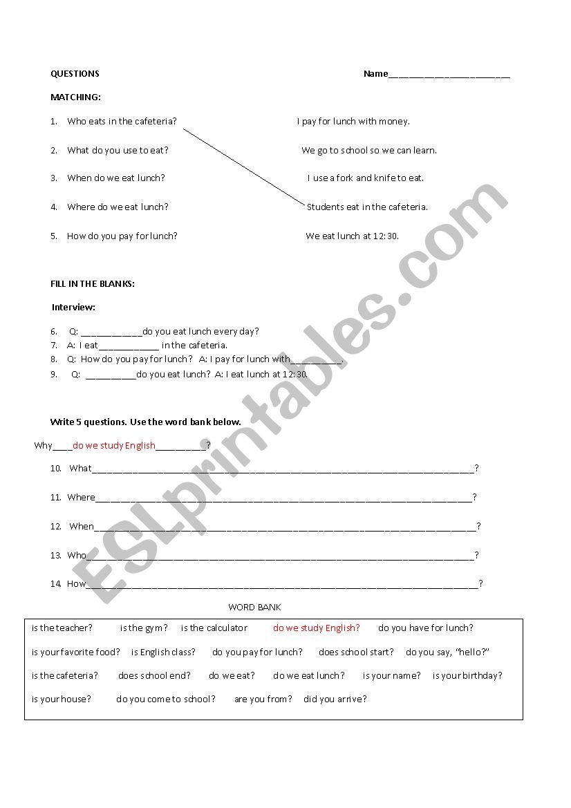 5 w questions practice for newcomers esl worksheet by