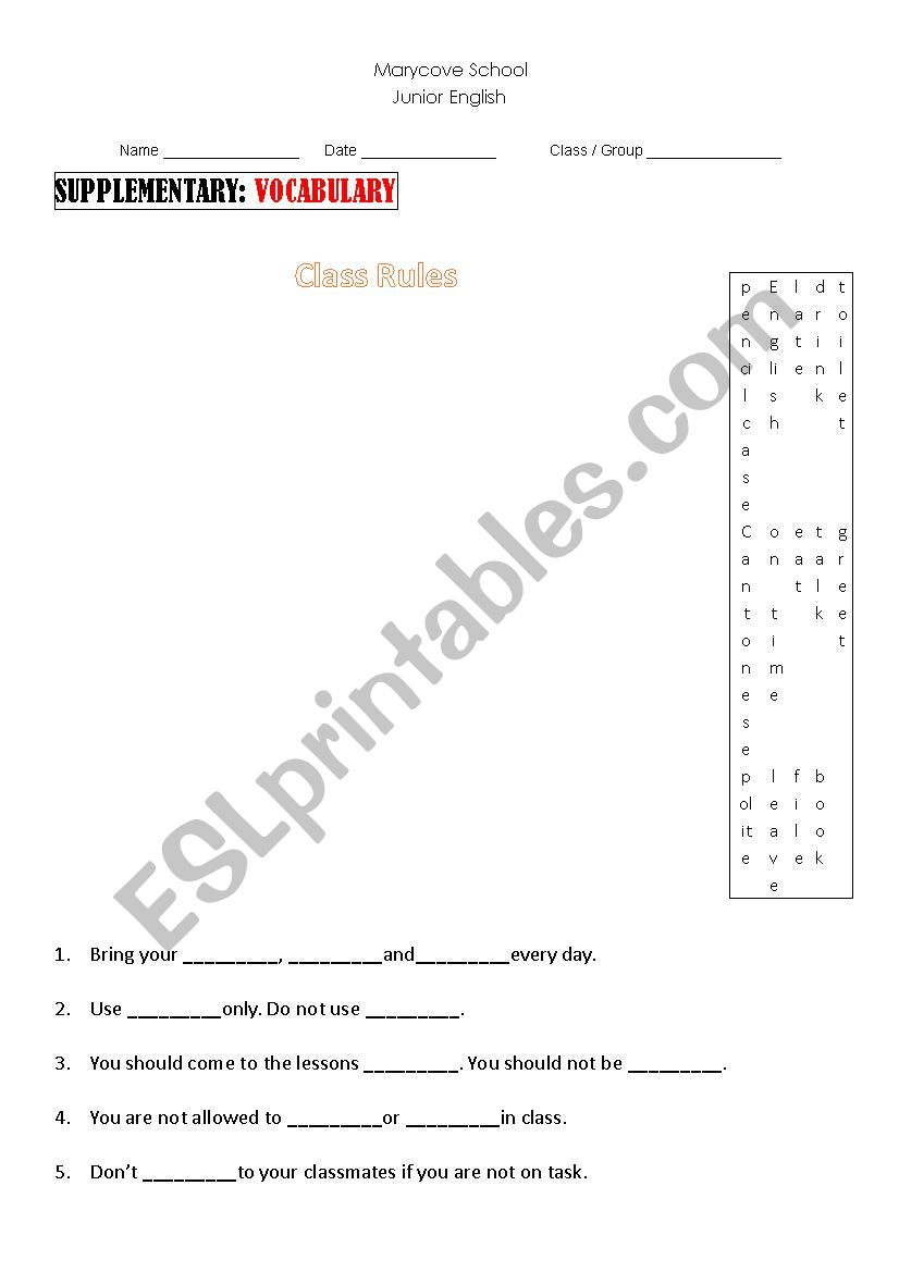 Class Rules worksheet