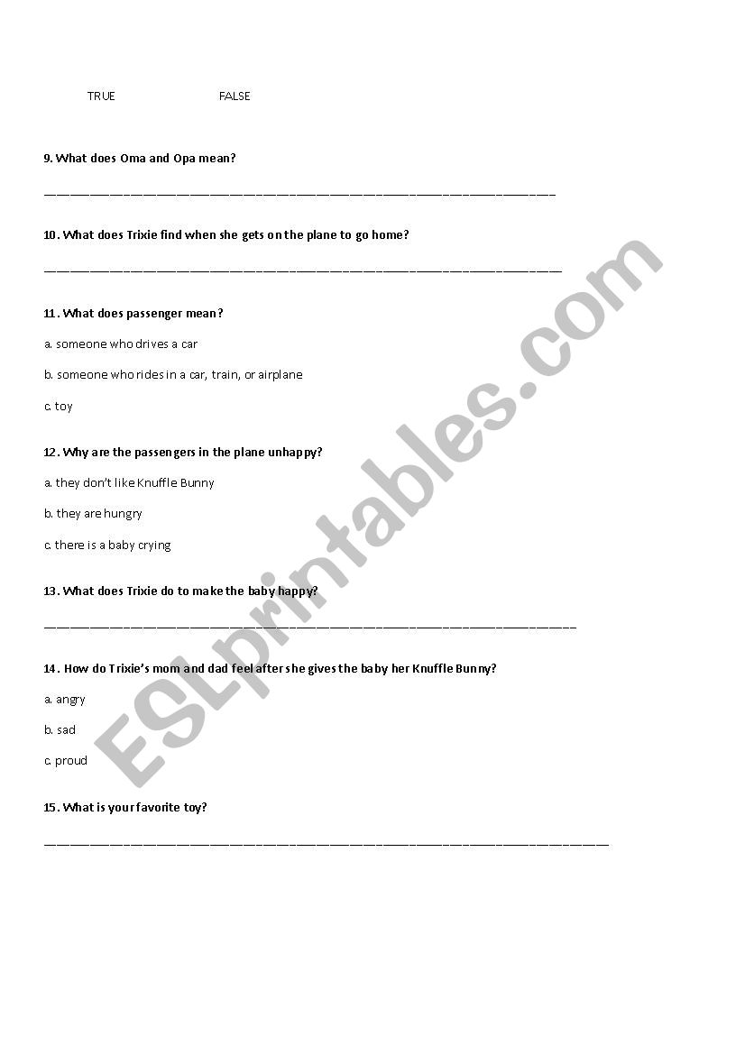 Knuffle Bunny Free Comprehension Questions Esl Worksheet By Kenzn516