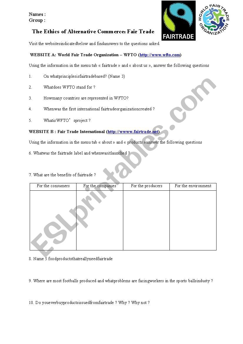 Fair Trade Webquest worksheet