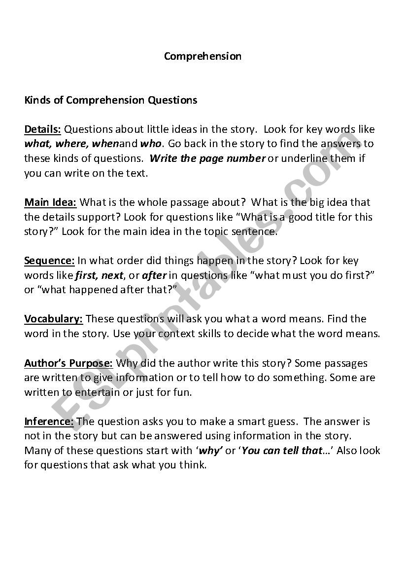 Kinds of Comprehension Questions