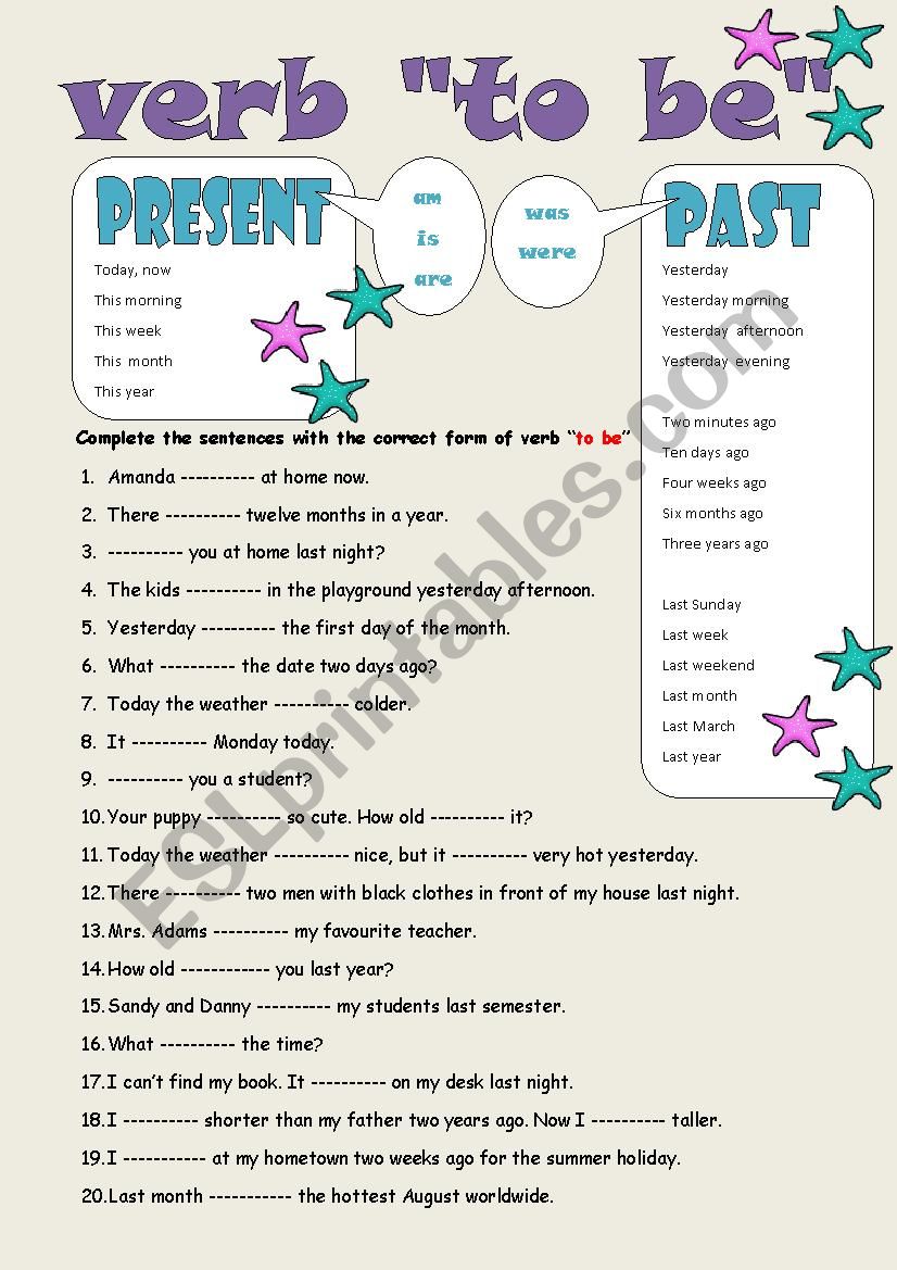 Present And Past Of Verb to Be ESL Worksheet By Byhngmz