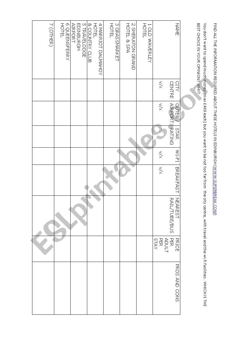 search for hotel  worksheet