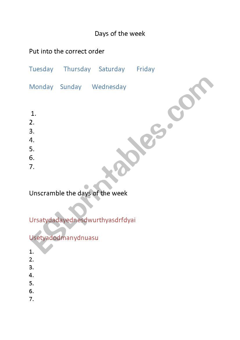 Days of the week worksheet