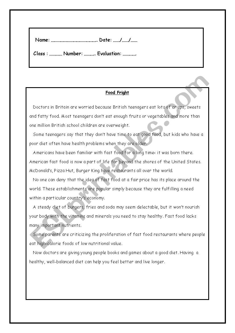 FOOD FRIGHT worksheet