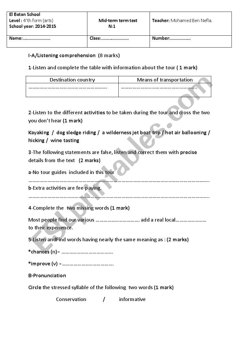 mid´term test 4´thform - ESL worksheet by mednaf