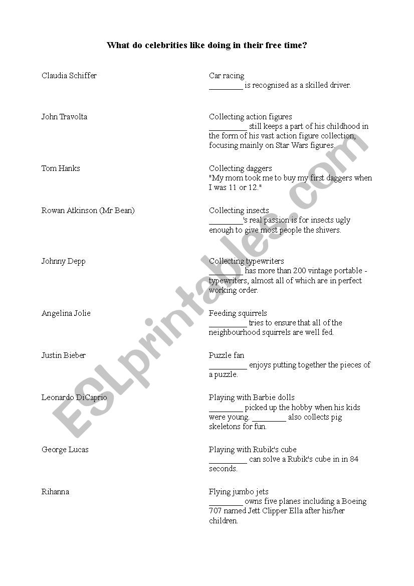 Celebrity hobbies worksheet