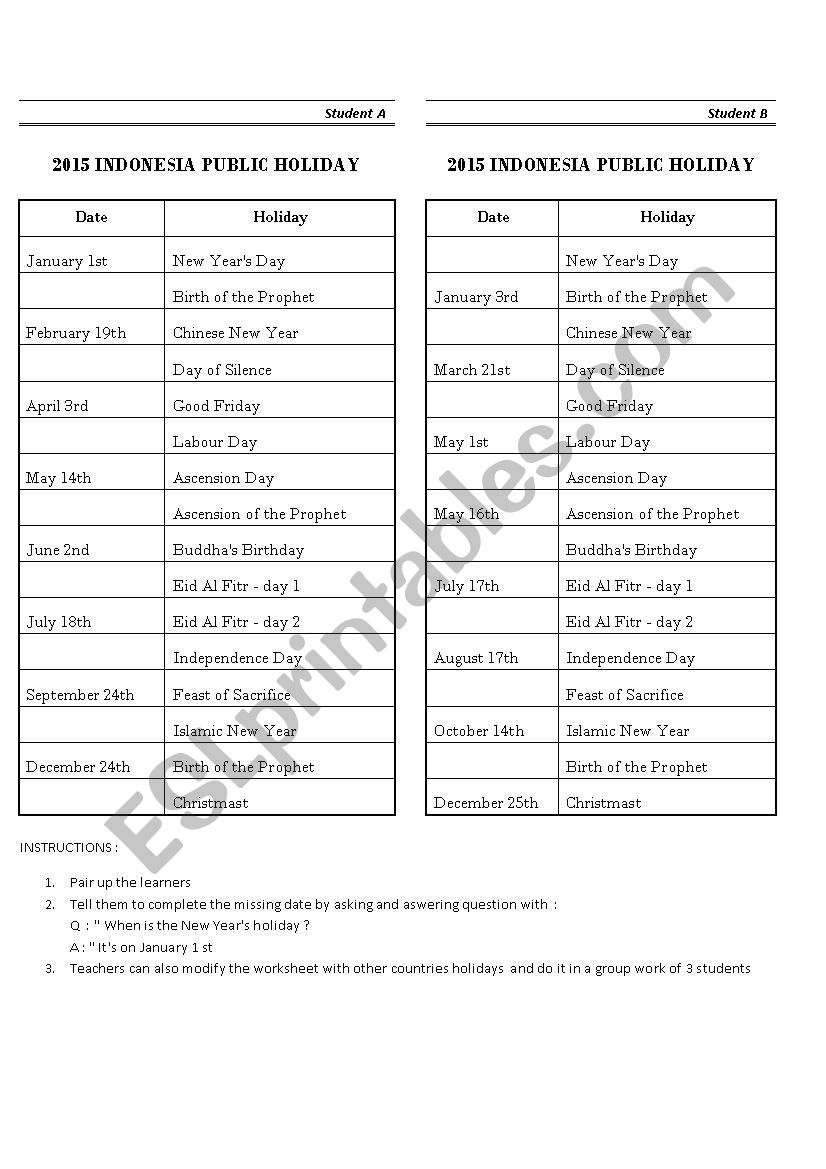 Holidays  worksheet