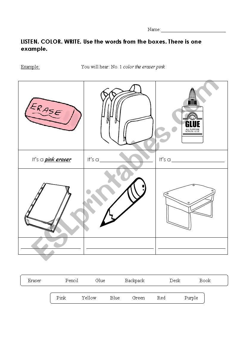 LISTENING - Coloring the Classroom Objects - ESL worksheet by ranirain