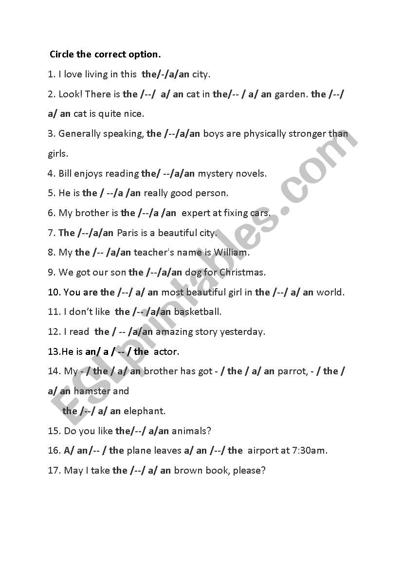 articles worksheet