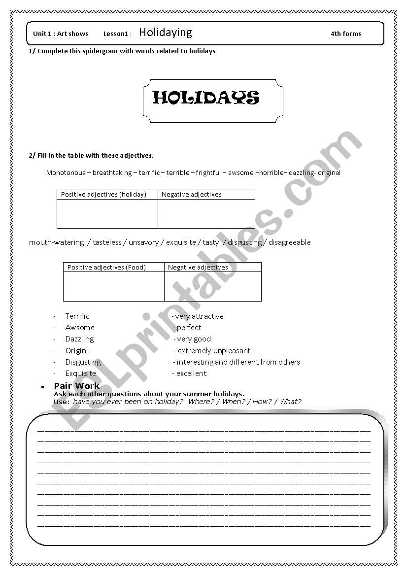 holidaying worksheet