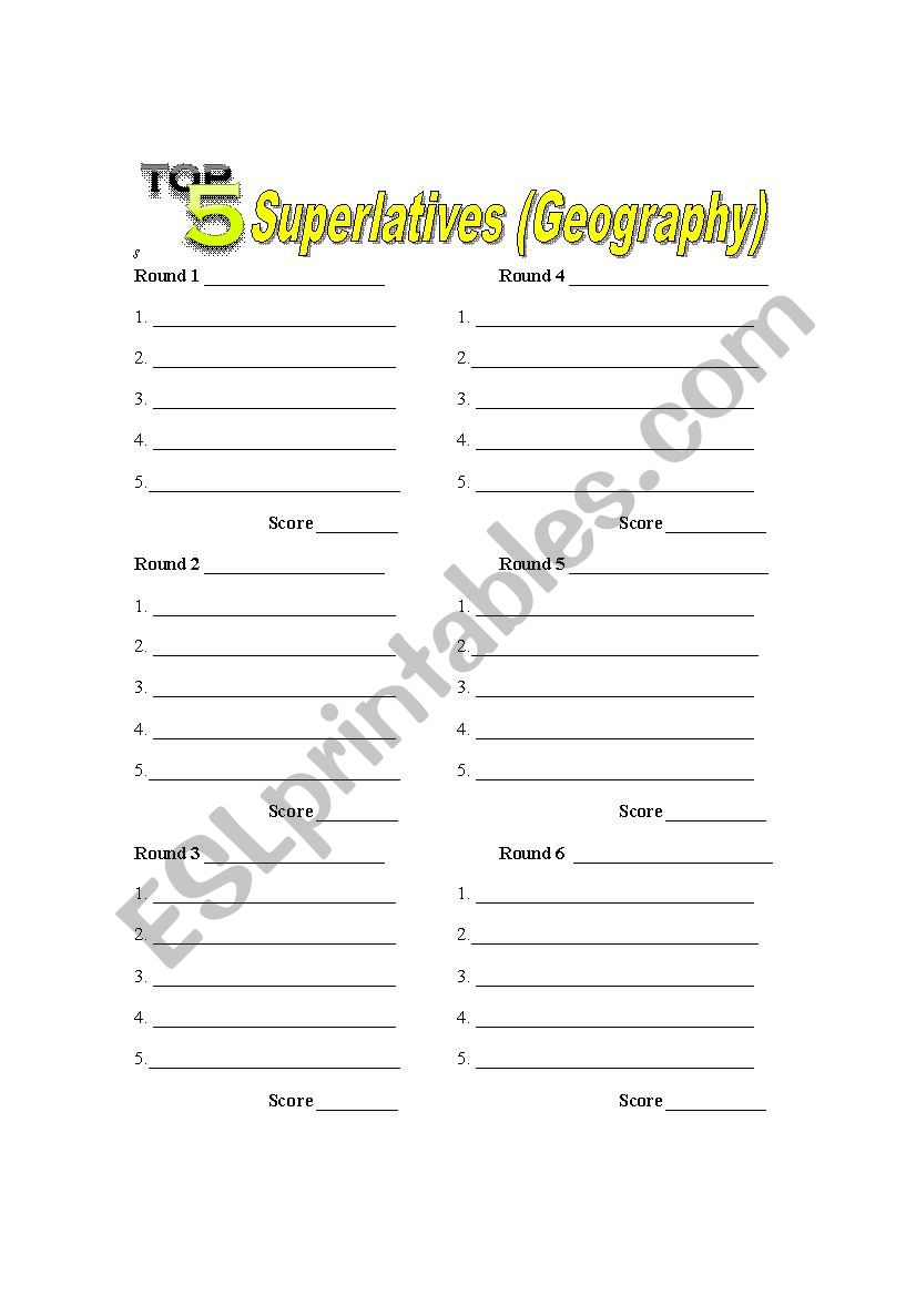 Top 5 / Family Feud Superlatives Worksheet (also see ppt)
