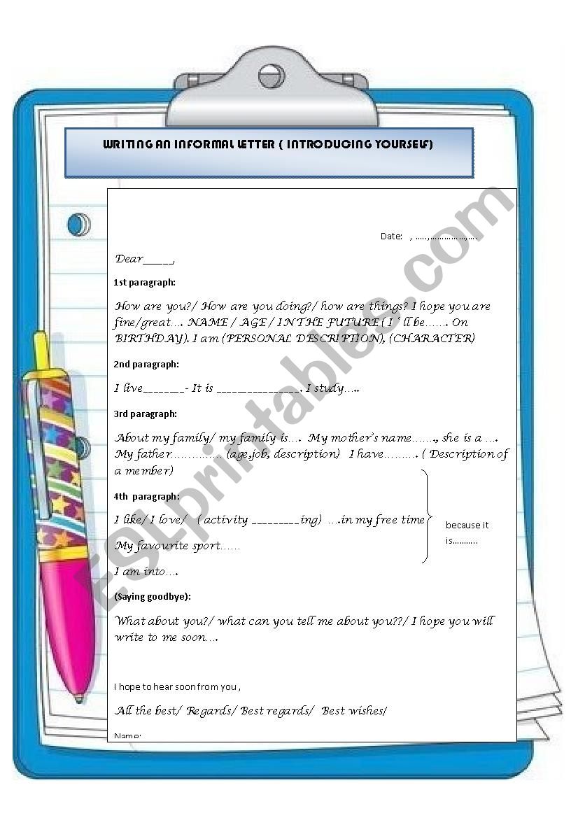 WRITING AN INFORMAL LETTER INTRODUCING YOURSELF ESL Worksheet By 