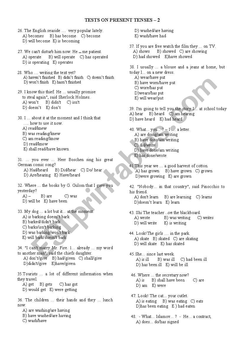 Tests on Present tenses - 2 worksheet