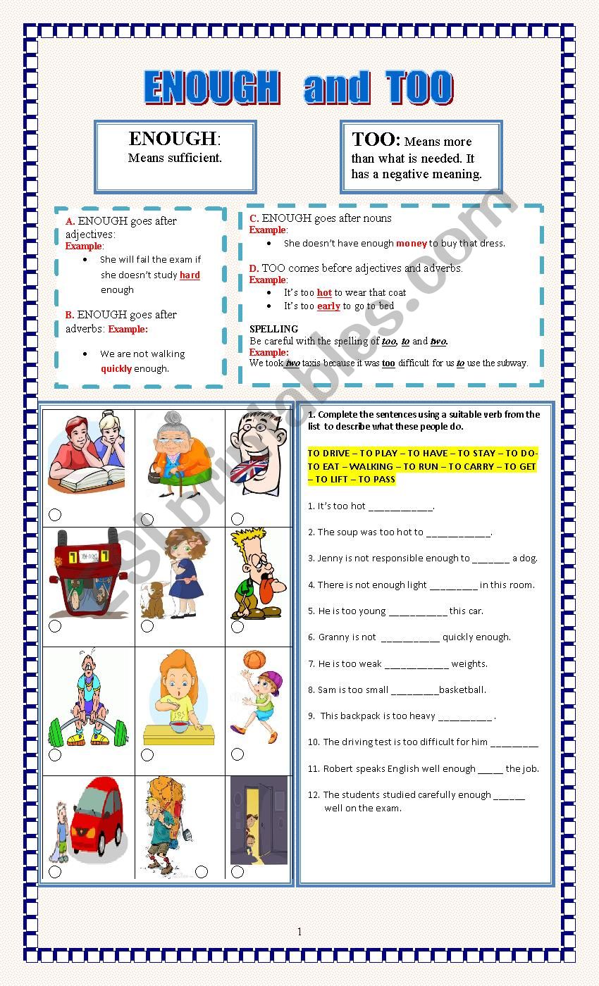 ENOUGH and TOO - ESL worksheet by chabeloca