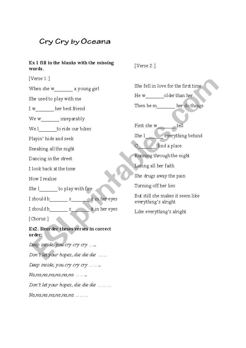 Cry Cry worksheet