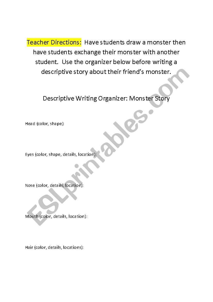 Descriptive Writing Organizer (For monster stories)