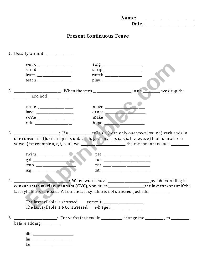 Present Continuous Rules Fill In The Blanks Esl Worksheet By Pakster84