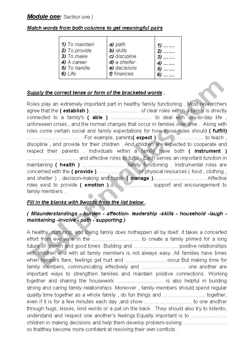 Family roles worksheet