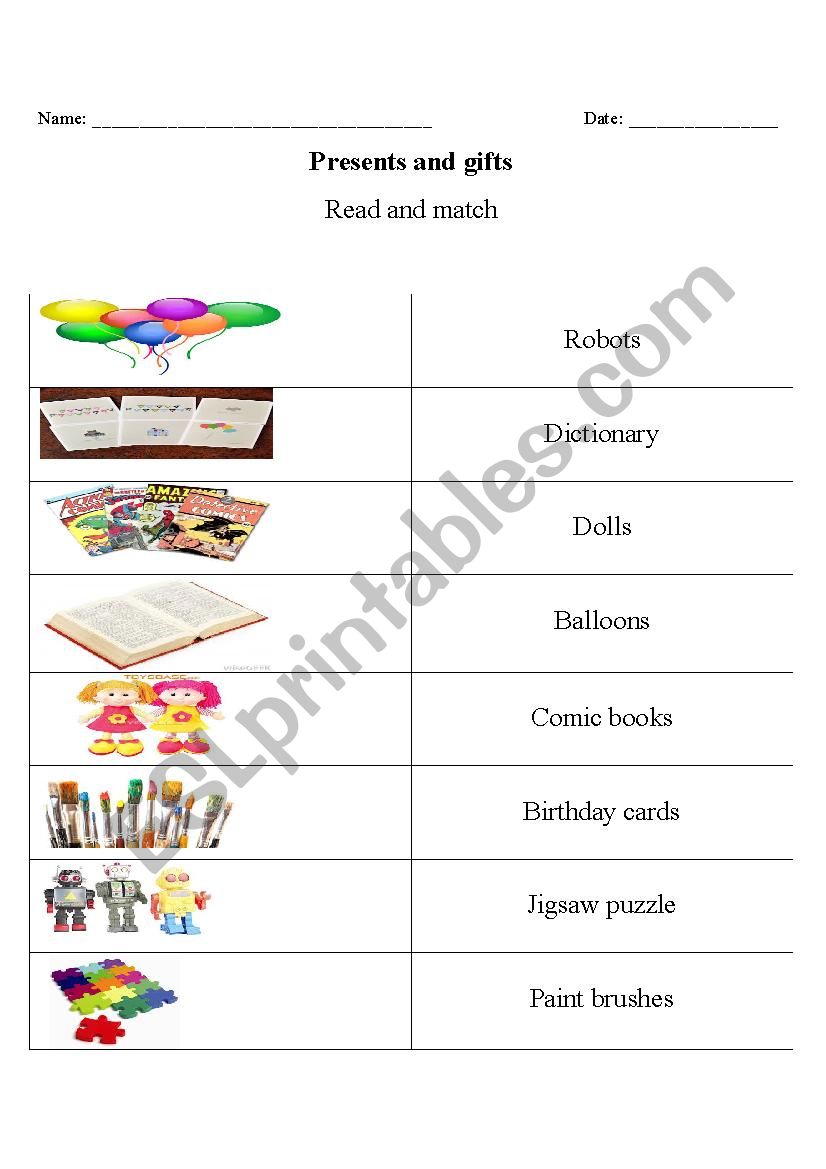 presents and gifts worksheet