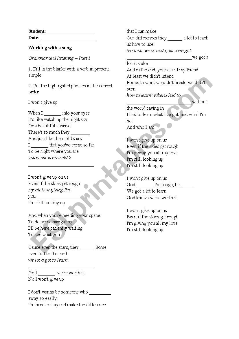 Working with songs worksheet