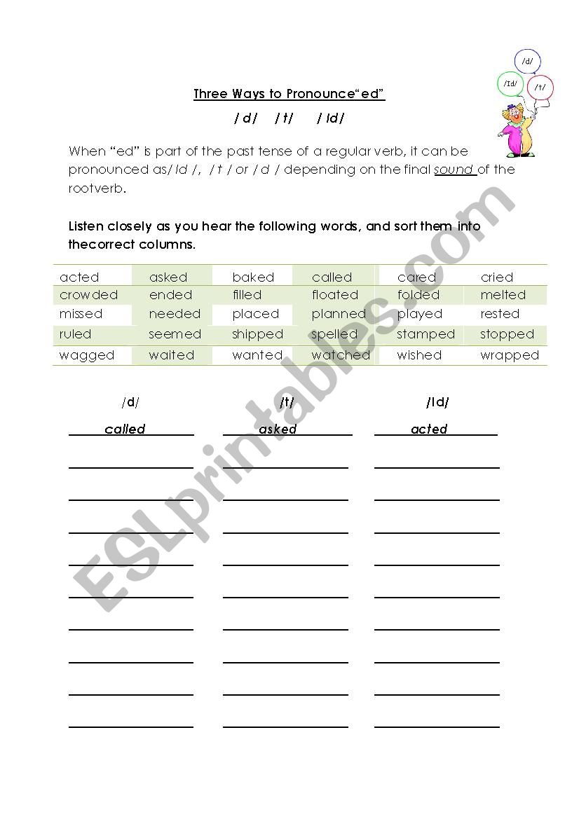 pronunciation of regular verbs in past simple esl