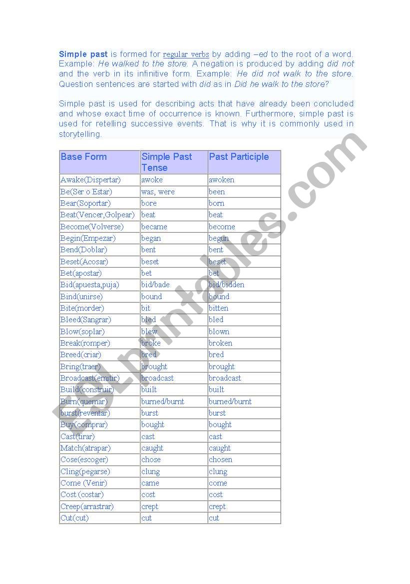 Irregular Verbs worksheet