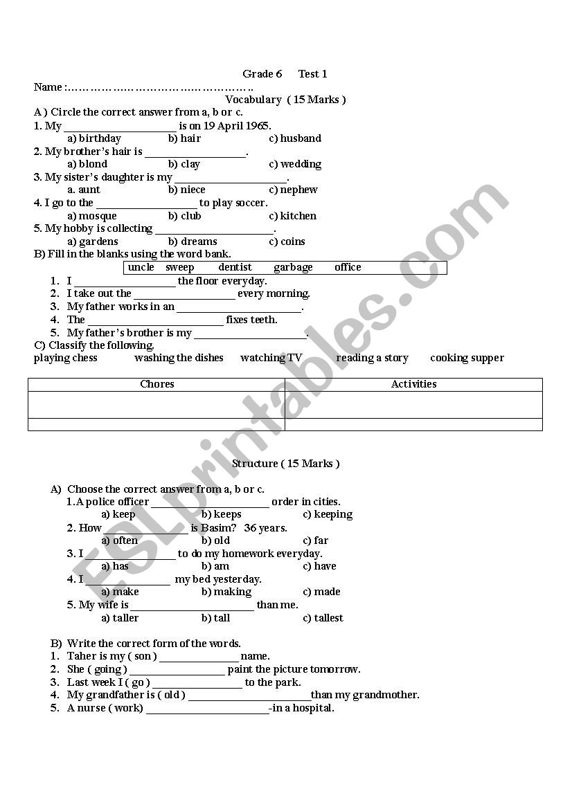 grade six test worksheet