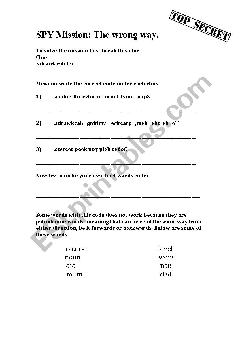 Mission: The wrong way worksheet