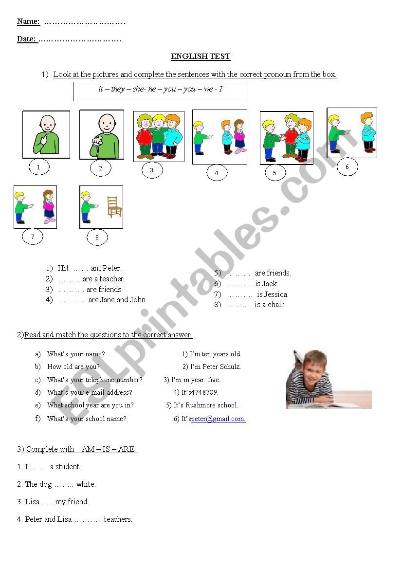 Year 7 test on pronouns-personal info - verb be