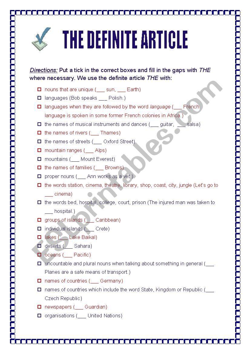 The Definite Article ESL Worksheet By Allisa