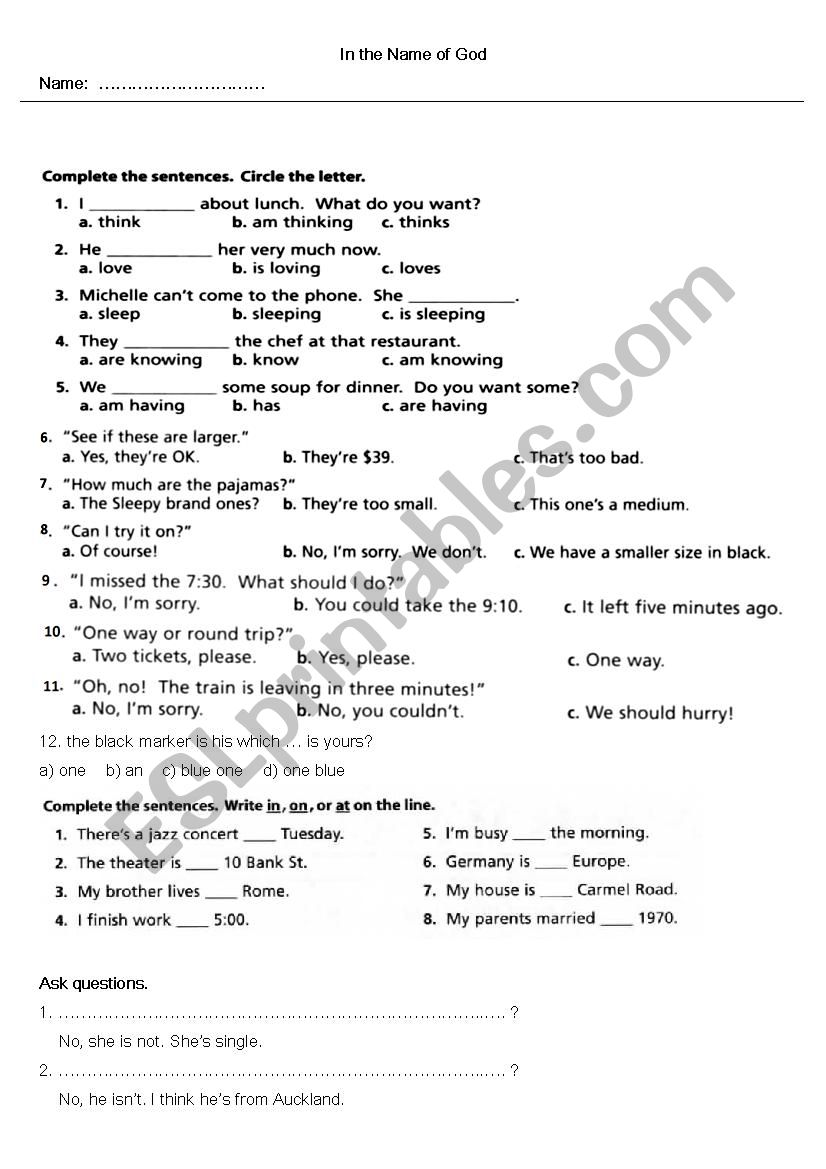 question worksheet