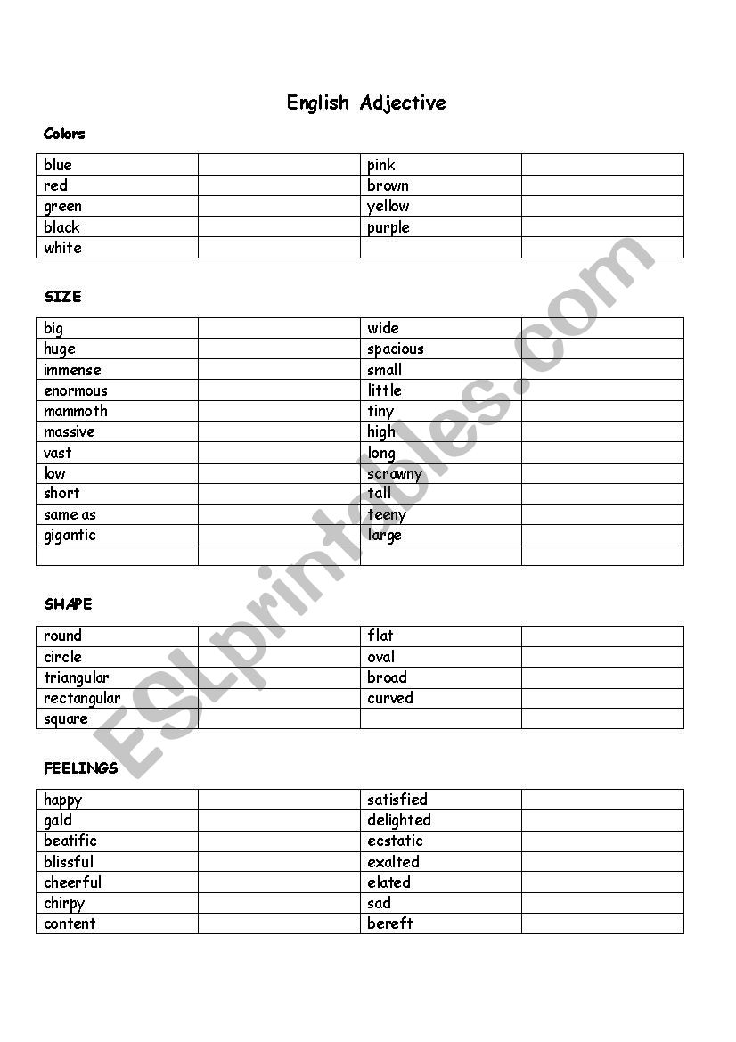 English adjective worksheet